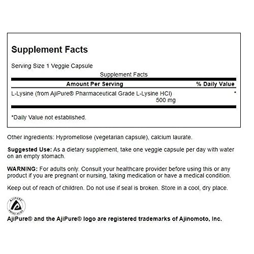 Swanson Amino Acid Ajipure L-Lysine Pharmaceutical Grade 500 Mill...