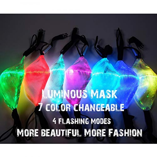 7 Color Lights LED Light up Face Mask USB Rechargeable Glowing Lu...