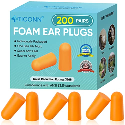 TICONN 200 Pairs Ear Plugs, 32dB Noise Reduction Earplugs for Sle...