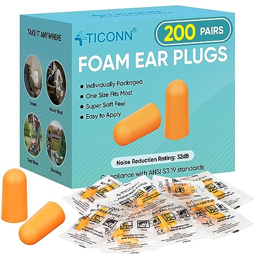 TICONN 200 Pairs Ear Plugs, 32dB Noise Reduction Earplugs for Sle...