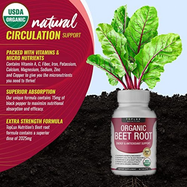 Organic Beet Root Powder Tablets - 2040mg Natural Nitric Oxide Be...
