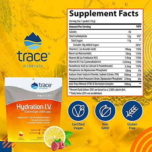 Trace Minerals Hydration I.V Electrolyte Powder Packets Raspberr...