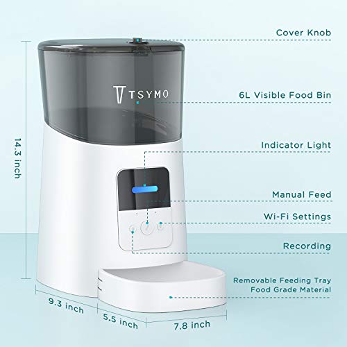 TSYMO Automatic Cat Feeder - 6L App Control Pet Food Dispenser fo...