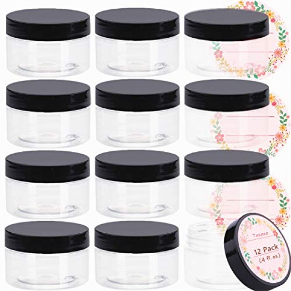 4Oz Plastic Jars with Lids 12-Pack, BPA Free Empty Round Low Prof...