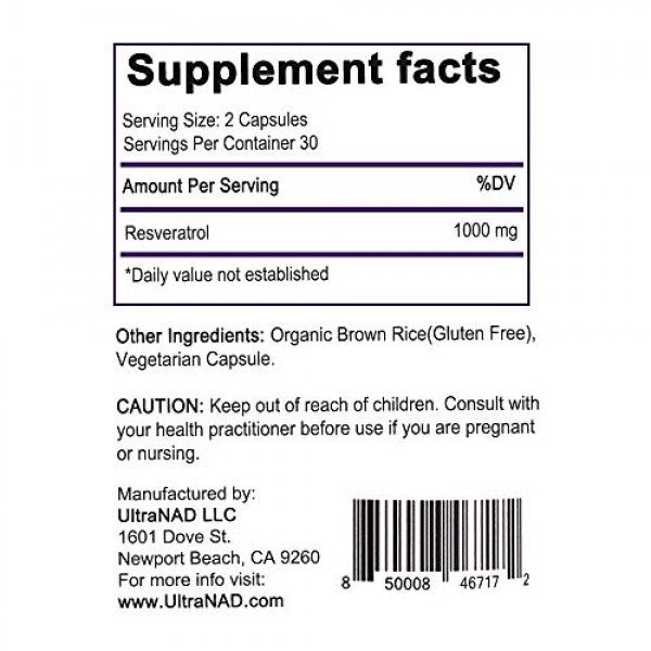 UltraNAD Resveratrol Supplement 1000 mg, 60 Capsules to Help Sup...