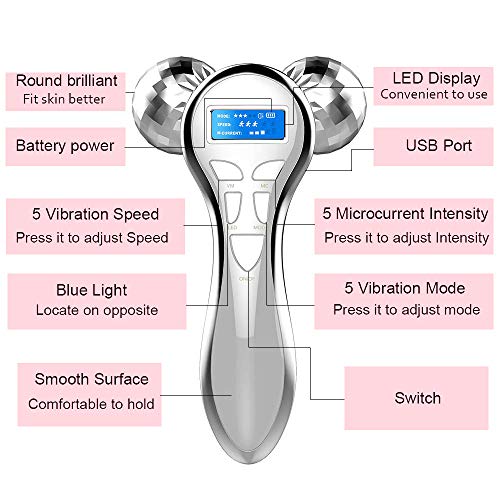 4D Microcurrent Facial Massager Roller, Electric Rechargeable Fac...