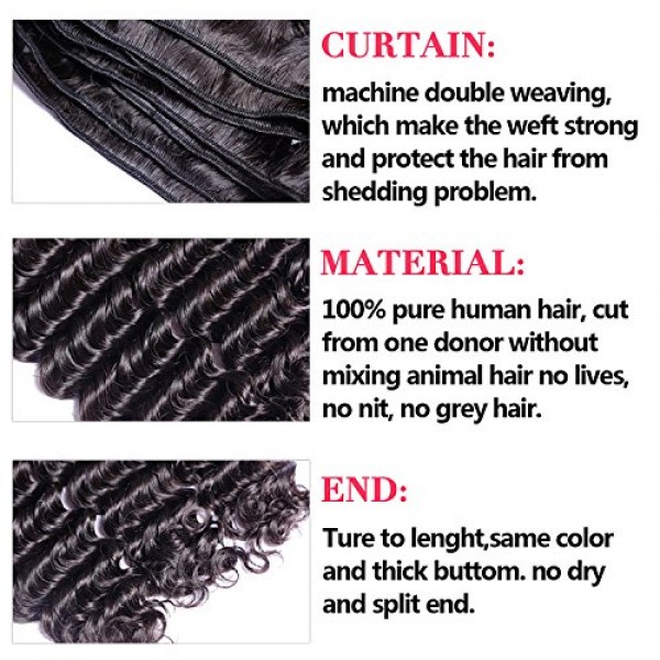UNice Hair Brazilian Deep Wave Human Hair 3 Bundles 100% Unproces...