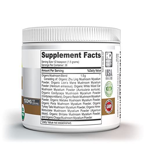 Organic 11 Mushroom Powder - USDA Certified - Lions Mane, Reishi...