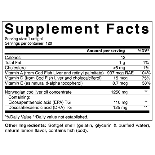 Vitamatic Norwegian Cod Liver Oil Capsules 1250mg 120 Softgels L...