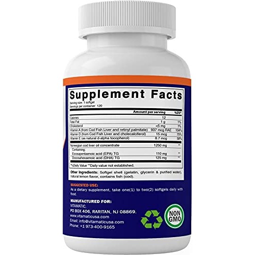 Vitamatic Norwegian Cod Liver Oil Capsules 1250mg 120 Softgels L...