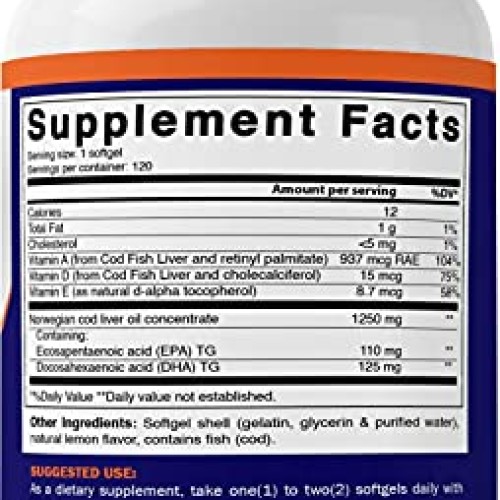 Vitamatic Norwegian Cod Liver Oil Capsules 1250mg 120 Softgels L...