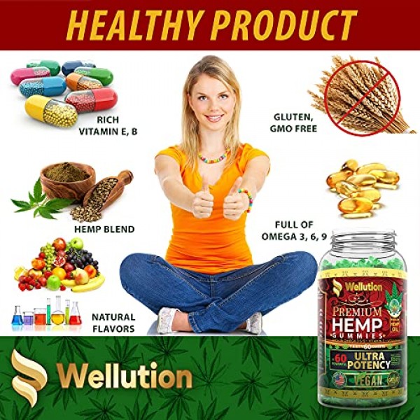 Wellution Vegan Hemp Gummies for Sleep x60 Ultra Potency - Stress...