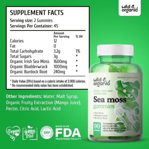 Wild & Organic Sea Moss Gummies Vegan - Superfood Wildcrafted Sea...