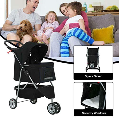 New Black Pet Stroller Cat Dog Cage 3 Wheels Stroller Travel Fold...