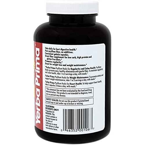 Yerba Prima Psyllium Husks Caps Dietary Fiber 625 mg, 180 Capsules