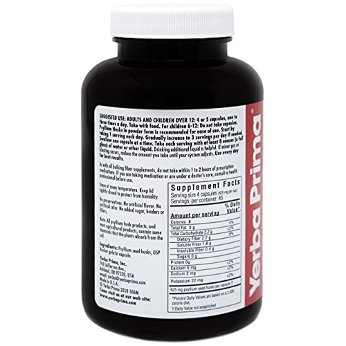 Yerba Prima Psyllium Husks Caps Dietary Fiber 625 mg, 180 Capsules