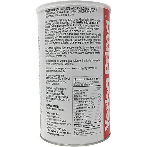 Yerba Prima Psyllium Whole Husks 12 oz Pack of 1 - Colon Cleans...