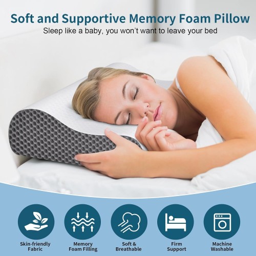 Cervical Neck Pillow for Pain Relief, Contour Memory Foam Pillows Ergonomic Pillow for Sleeping Bed Pillow Neck Support with Cooling Pillowcase Orthopedic Pillow for Side Back Sleepers(Light Grey)