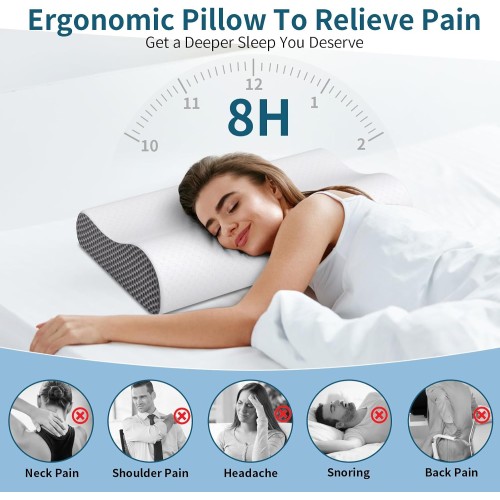 Cervical Neck Pillow for Pain Relief, Contour Memory Foam Pillows Ergonomic Pillow for Sleeping Bed Pillow Neck Support with Cooling Pillowcase Orthopedic Pillow for Side Back Sleepers(Light Grey)