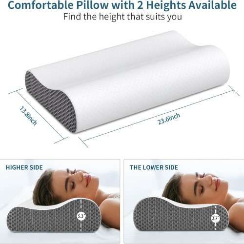 Cervical Neck Pillow for Pain Relief, Contour Memory Foam Pillows Ergonomic Pillow for Sleeping Bed Pillow Neck Support with Cooling Pillowcase Orthopedic Pillow for Side Back Sleepers(Light Grey)