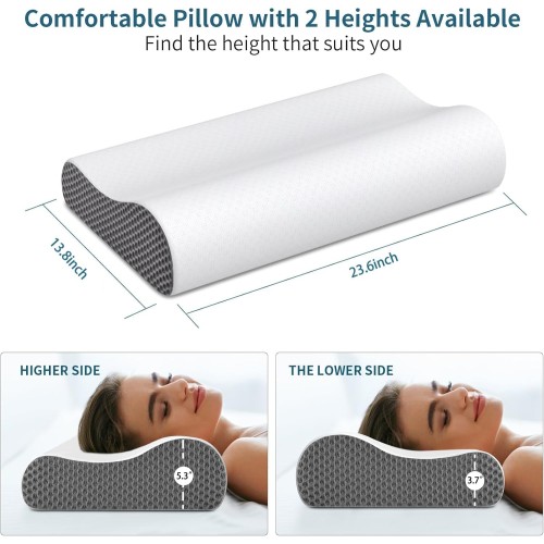 Cervical Neck Pillow for Pain Relief, Contour Memory Foam Pillows Ergonomic Pillow for Sleeping Bed Pillow Neck Support with Cooling Pillowcase Orthopedic Pillow for Side Back Sleepers(Light Grey)