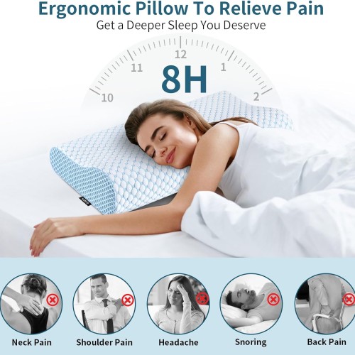 Cervical Pillow for Neck Pain Relief, Contour Memory Foam Pillows for Sleeping, Ergonomic Pillow Cooling Pillow Bed Pillow Neck Support for Side Back Stomach Sleepers (Blue)