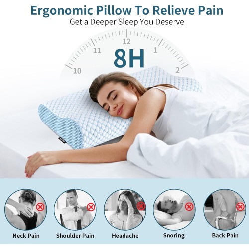 Cervical Pillow for Neck Pain Relief, Contour Memory Foam Pillows for Sleeping, Ergonomic Pillow Cooling Pillow Bed Pillow Neck Support for Side Back Stomach Sleepers (Blue)