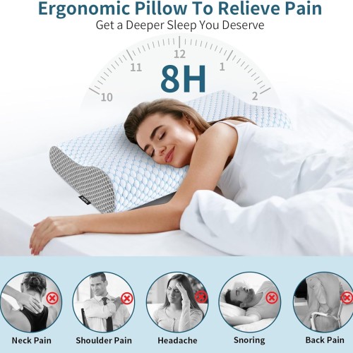 Cervical Pillow for Neck Pain Relief, Contour Memory Foam Pillows for Sleeping, Ergonomic Pillow Cooling Pillow Bed Pillow Neck Support for Side Back Stomach Sleepers (Blue & Grey)