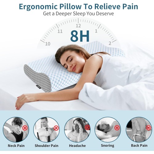 Cervical Pillow for Neck Pain Relief, Contour Memory Foam Pillows for Sleeping, Ergonomic Pillow Cooling Pillow Bed Pillow Neck Support for Side Back Stomach Sleepers (Blue & Grey)