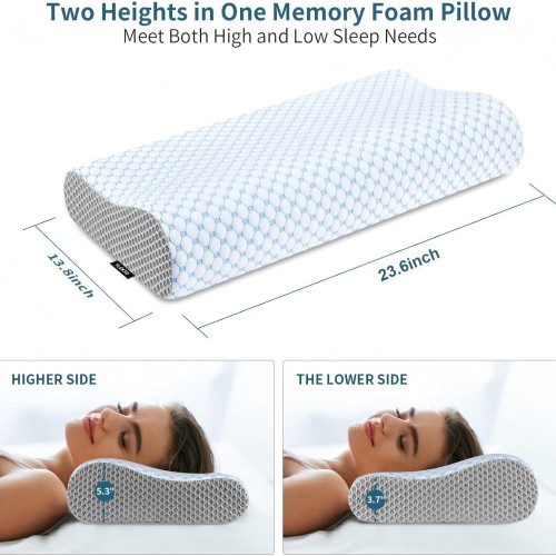 Cervical Pillow for Neck Pain Relief, Contour Memory Foam Pillows for Sleeping, Ergonomic Pillow Cooling Pillow Bed Pillow Neck Support for Side Back Stomach Sleepers (Blue & Grey)
