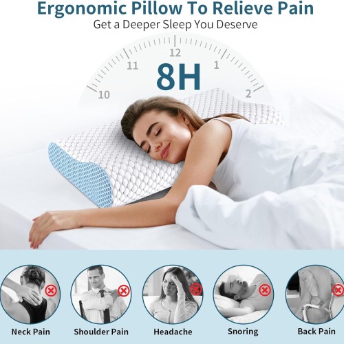 Cervical Pillow for Neck Pain Relief, Contour Memory Foam Pillows for Sleeping, Odorless Ergonomic Pillow Adjustable Orthopedic Cooling Pillow Bed Pillow Neck Support for All Sleepers (White & Blue)