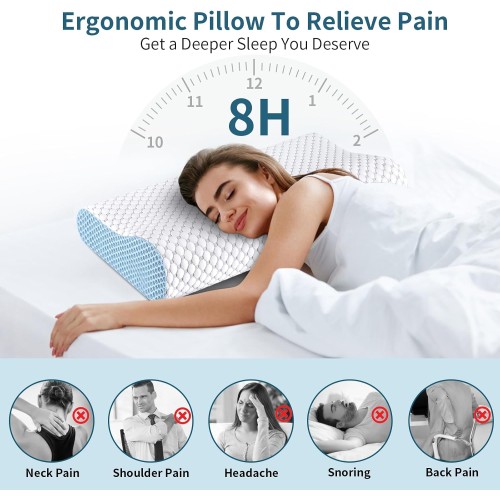Cervical Pillow for Neck Pain Relief, Contour Memory Foam Pillows for Sleeping, Odorless Ergonomic Pillow Adjustable Orthopedic Cooling Pillow Bed Pillow Neck Support for All Sleepers (White & Blue)