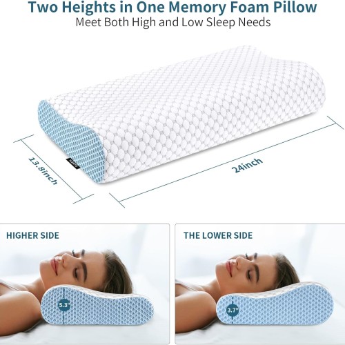 Cervical Pillow for Neck Pain Relief, Contour Memory Foam Pillows for Sleeping, Odorless Ergonomic Pillow Adjustable Orthopedic Cooling Pillow Bed Pillow Neck Support for All Sleepers (White & Blue)