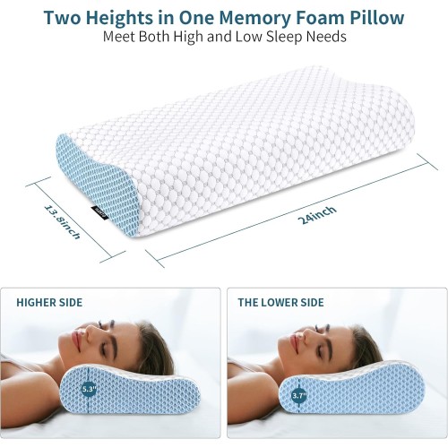 Cervical Pillow for Neck Pain Relief, Contour Memory Foam Pillows for Sleeping, Odorless Ergonomic Pillow Adjustable Orthopedic Cooling Pillow Bed Pillow Neck Support for All Sleepers (White & Blue)