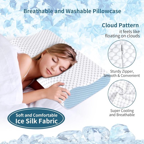 Cervical Pillow for Neck Pain Relief, Contour Memory Foam Pillows for Sleeping, Odorless Ergonomic Pillow Adjustable Orthopedic Cooling Pillow Bed Pillow Neck Support for All Sleepers (White & Blue)
