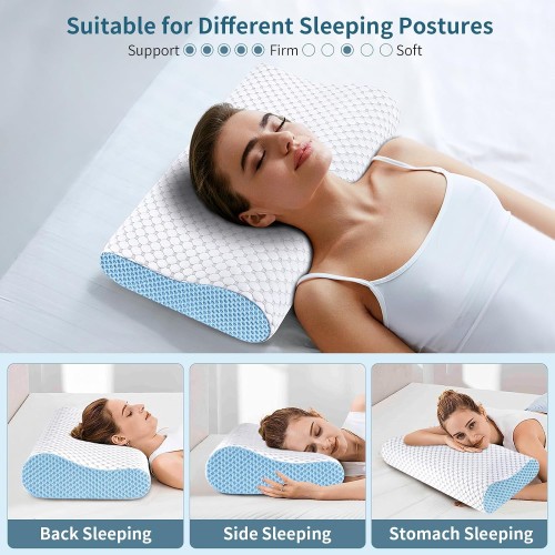 Cervical Pillow for Neck Pain Relief, Contour Memory Foam Pillows for Sleeping, Odorless Ergonomic Pillow Adjustable Orthopedic Cooling Pillow Bed Pillow Neck Support for All Sleepers (White & Blue)