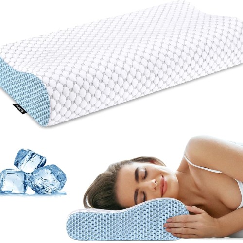 Cervical Pillow for Neck Pain Relief, Contour Memory Foam Pillows for Sleeping, Odorless Ergonomic Pillow Adjustable Orthopedic Cooling Pillow Bed Pillow Neck Support for All Sleepers (White & Blue)