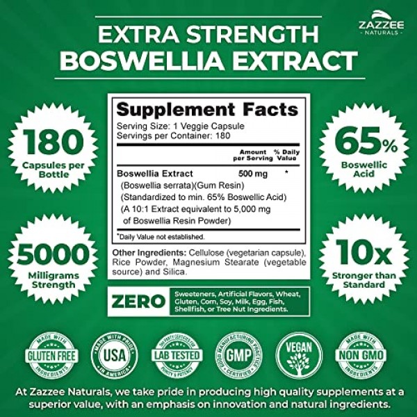 Zazzee Boswellia 10:1 Extract 5000 mg Strength, 65% Boswellic Aci...