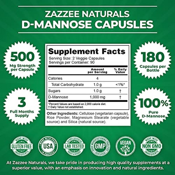 Zazzee D-Mannose 180 Vegan Capsules, 1000 mg per Serving, Pure, P...