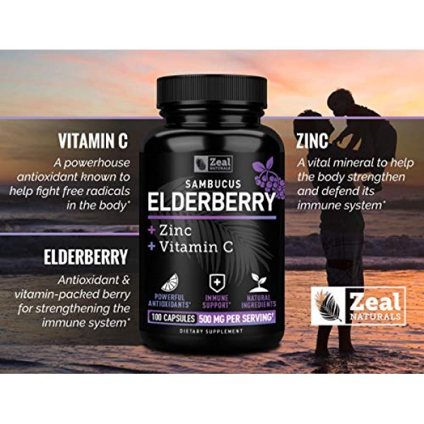 Elderberry Capsules + Vitamin C with Zinc 100 Count | 500mg 3-i...